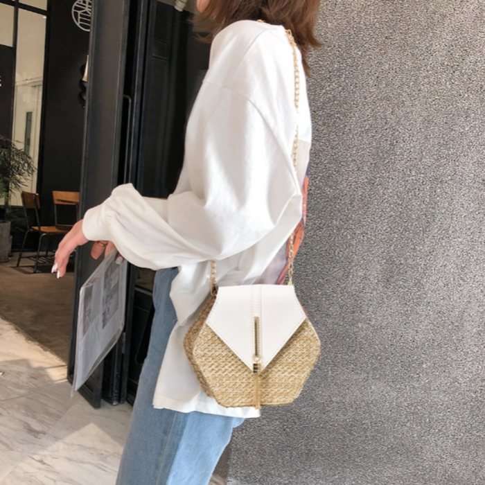 Vegan Leather Covered Mini Straw Handbag: beige, tan crossbody handbag, casual boho style