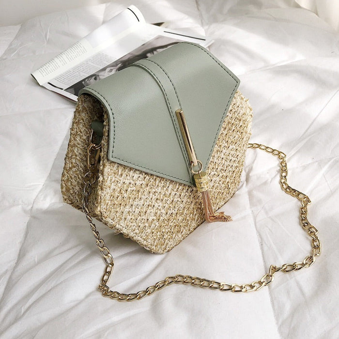 Vegan Leather Covered Mini Straw Handbag: beige, tan crossbody handbag, casual boho style