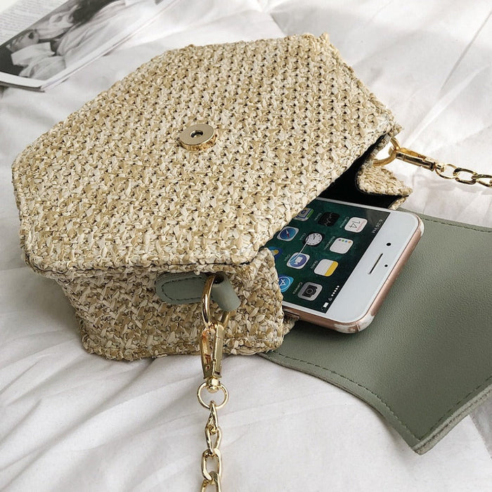 Vegan Leather Covered Mini Straw Handbag: beige, tan crossbody handbag, casual boho style