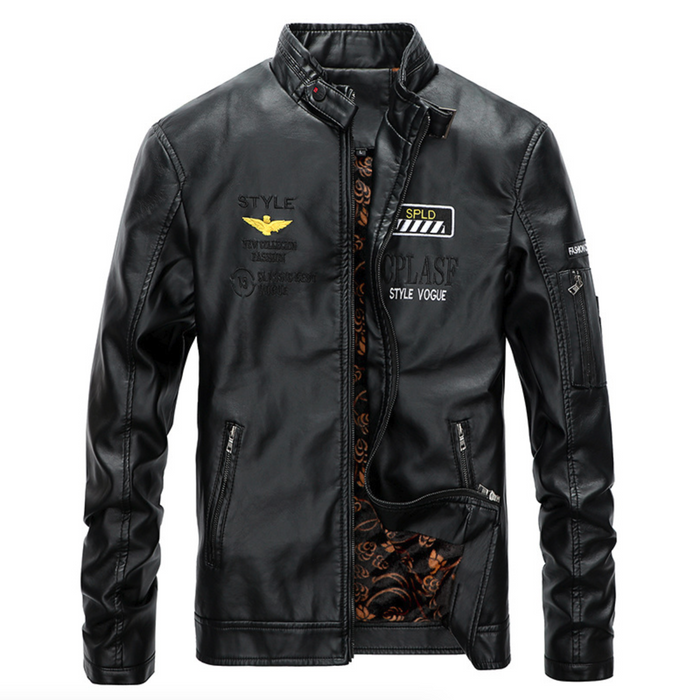 Vegan Leather Pilot Jacket with Stand Collar for Men: black, dark brown jacket, motorcycle/biker style