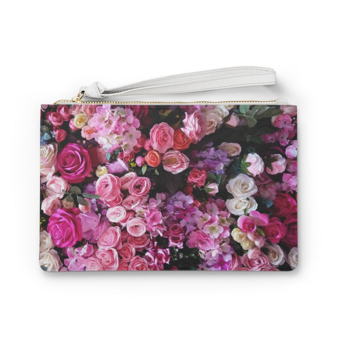 Vegan Zipped Clutch Bag with a Distinct Floral Bouquet Design: pink, magenta floral bouquet pattern