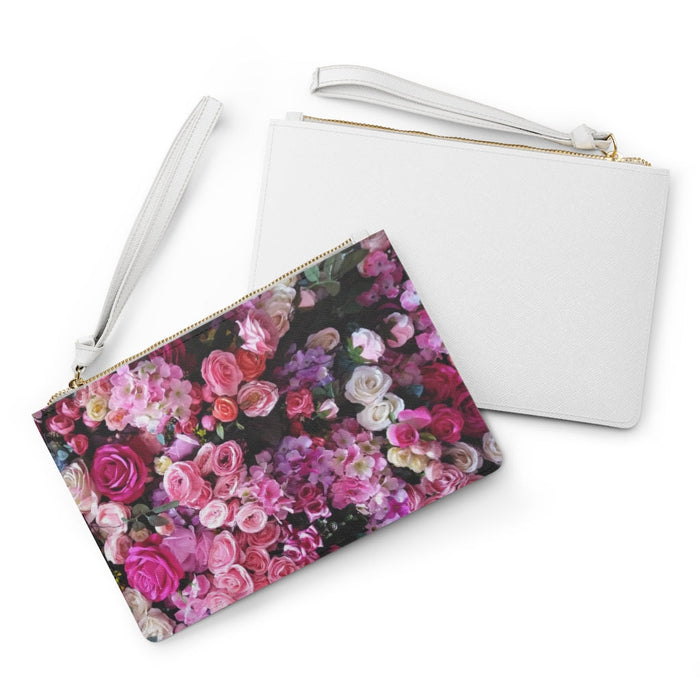 Vegan Zipped Clutch Bag with a Distinct Floral Bouquet Design: pink, magenta floral bouquet pattern