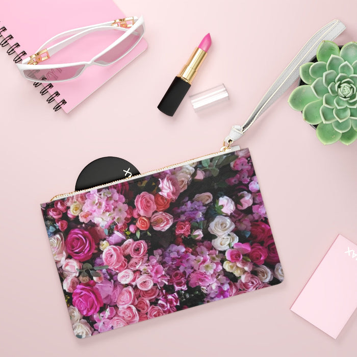Vegan Zipped Clutch Bag with a Distinct Floral Bouquet Design: pink, magenta floral bouquet pattern