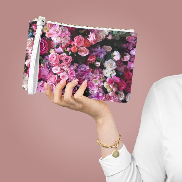 Vegan Zipped Clutch Bag with a Distinct Floral Bouquet Design: pink, magenta floral bouquet pattern