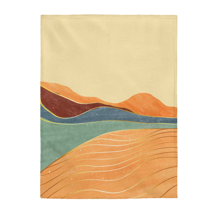 Velveteen Plush Blanket with Toscana Scenery: beige, orange abstract landscape, minimal abstract style
