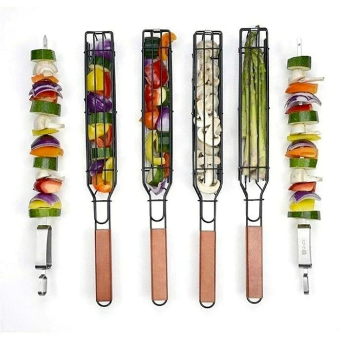 Versatile Grill Basket for Personal BBQ Use: black, brown grill basket and skewers set, practical barbecue grilling accessory