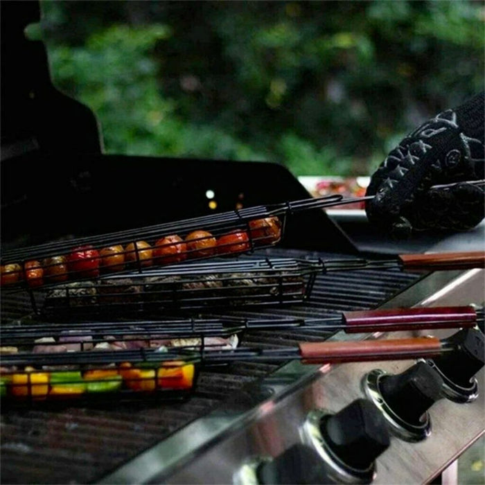 Versatile Grill Basket for Personal BBQ Use: black, brown grill basket and skewers set, practical barbecue grilling accessory