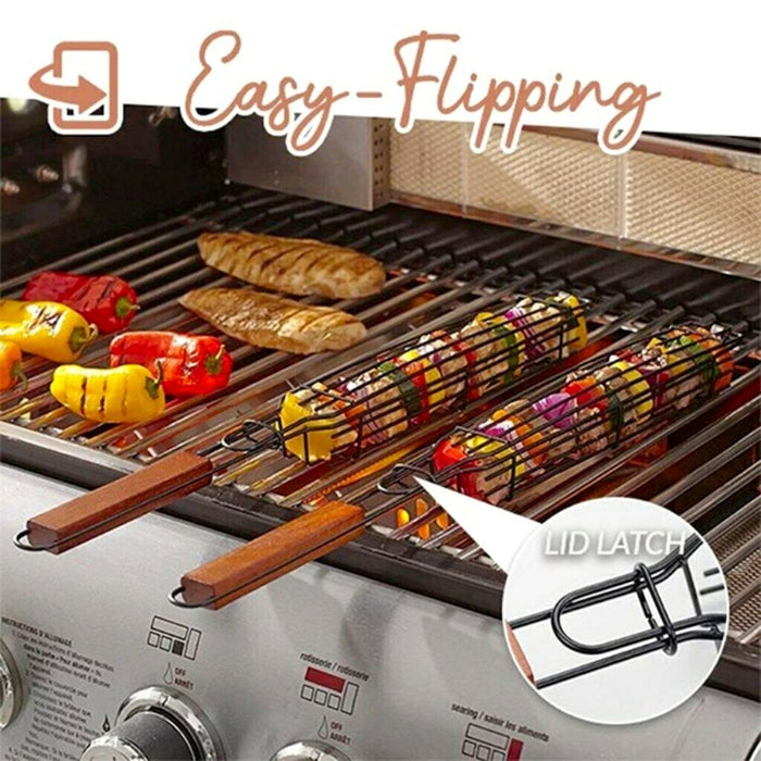 Versatile Grill Basket for Personal BBQ Use: black, brown grill basket and skewers set, practical barbecue grilling accessory
