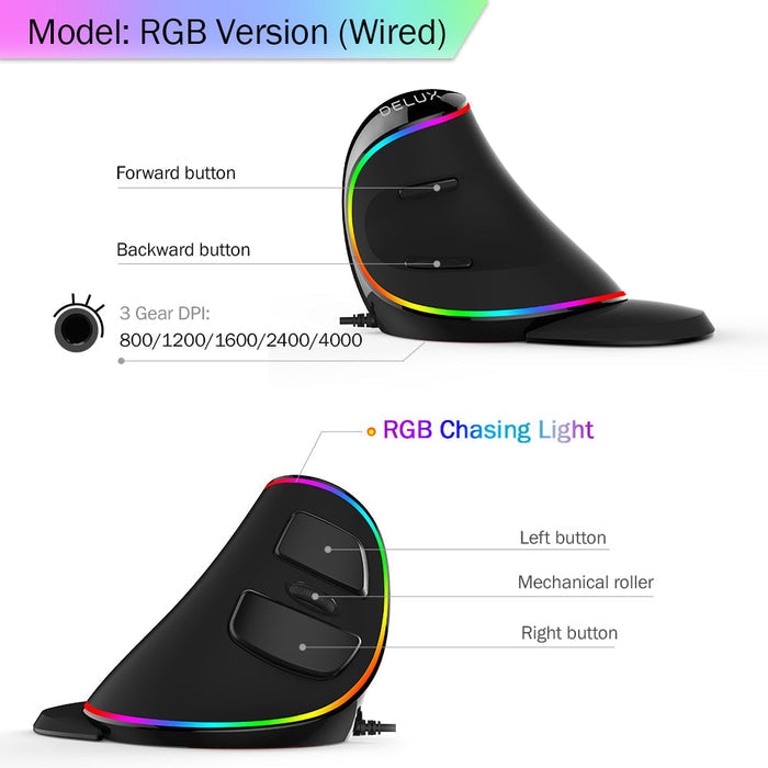 Vertical RGB Wired Mouse: black, gray vertical ergonomic computer mouse, modern gaming/tech style