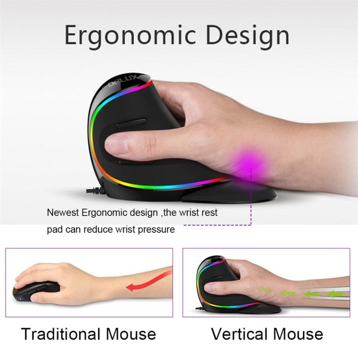 Vertical RGB Wired Mouse: black, gray vertical ergonomic computer mouse, modern gaming/tech style
