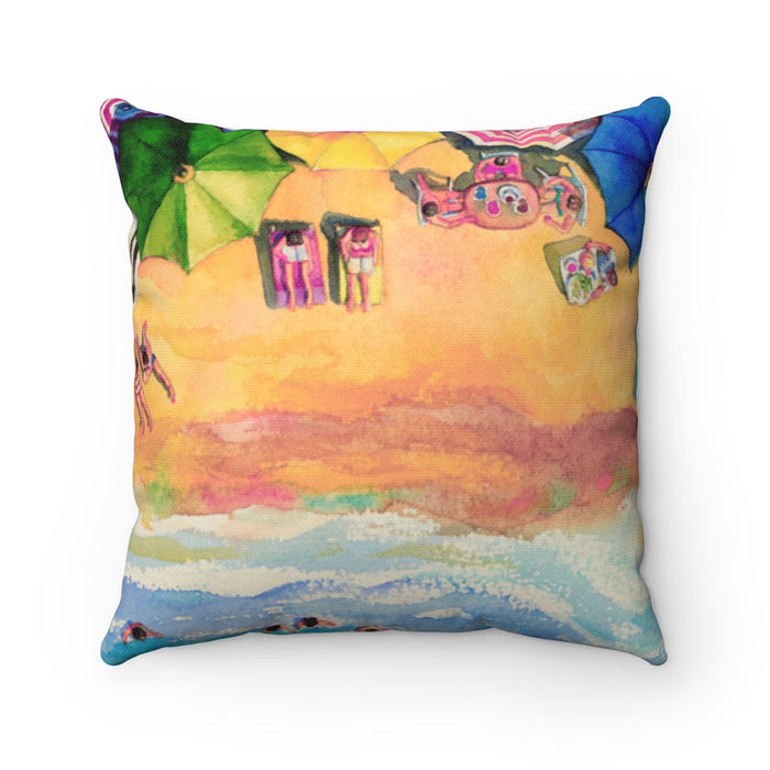 Vibrant Beach-themed Square Pillow, Available in 4 Sizes: yellow, orange beach scene with umbrellas, chairs, and small illust