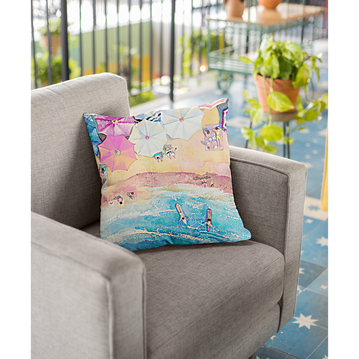 Vibrant Beach-themed Square Pillow, Available in 4 Sizes: yellow, orange beach scene with umbrellas, chairs, and small illust