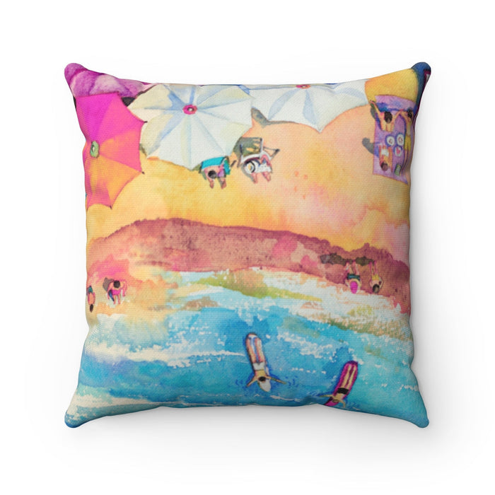 Vibrant Beach-themed Square Pillow, Available in 4 Sizes: yellow, orange beach scene with umbrellas, chairs, and small illust