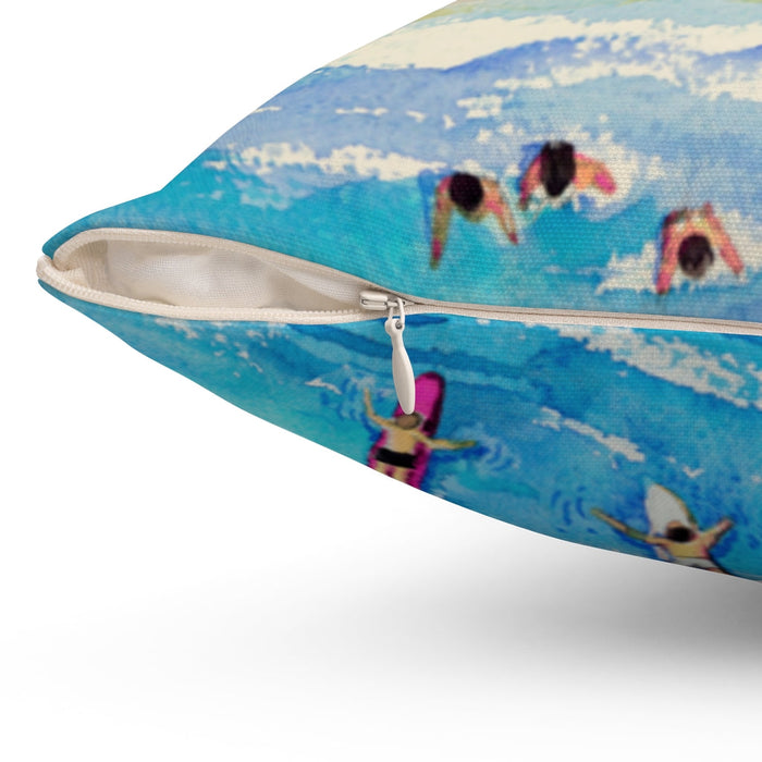 Vibrant Beach-themed Square Pillow, Available in 4 Sizes: yellow, orange beach scene with umbrellas, chairs, and small illust