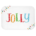 Vibrant Cheerful Bath Rug: white, red Jolly holiday theme, festive cartoon typography style