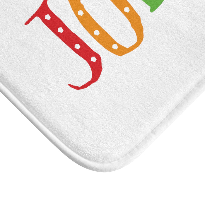 Vibrant Cheerful Bath Rug: white, red Jolly holiday theme, festive cartoon typography style
