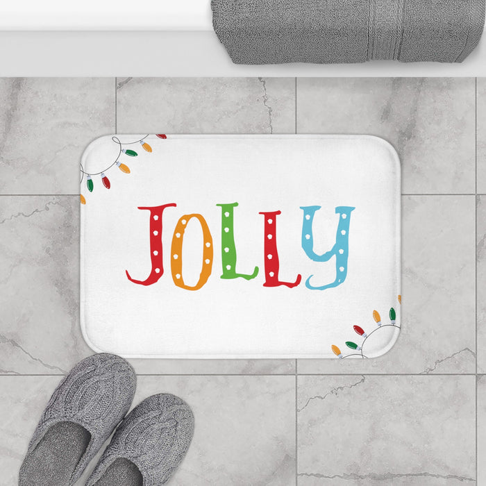 Vibrant Cheerful Bath Rug: white, red Jolly holiday theme, festive cartoon typography style