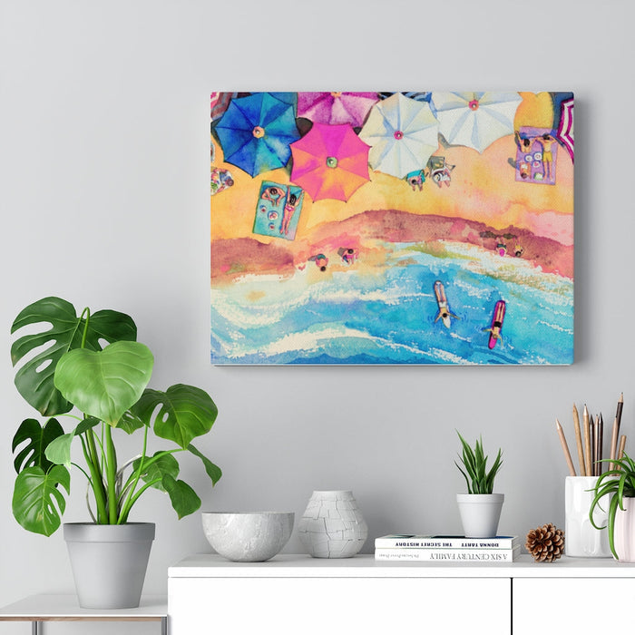 Vibrant Seaside Canvas Gallery Wraps Wall Decor: blue, turquoise beach scene with umbrellas, ocean waves, and small figures