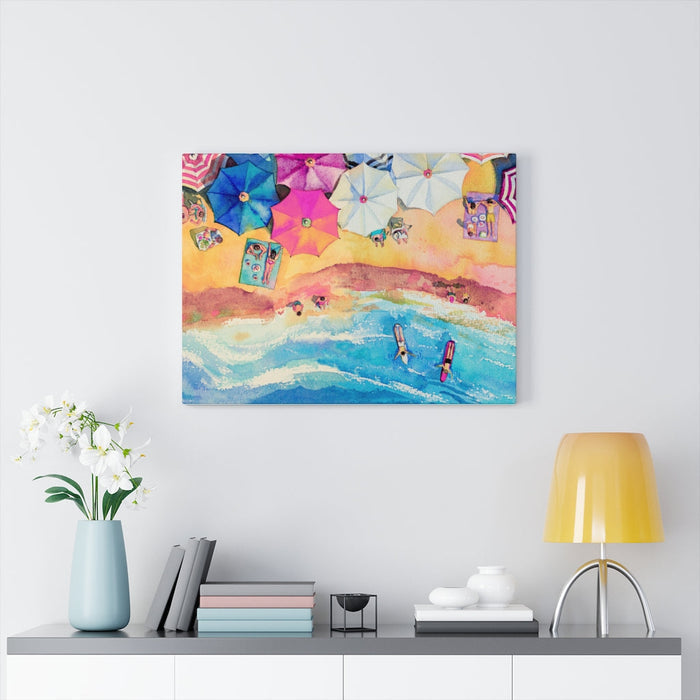 Vibrant Seaside Canvas Gallery Wraps Wall Decor: blue, turquoise beach scene with umbrellas, ocean waves, and small figures