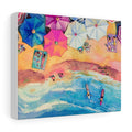 Vibrant Seaside Canvas Gallery Wraps Wall Decor: blue, turquoise beach scene with umbrellas, ocean waves, and small figures