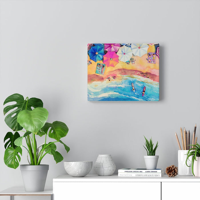 Vibrant Seaside Canvas Gallery Wraps Wall Decor: blue, turquoise beach scene with umbrellas, ocean waves, and small figures