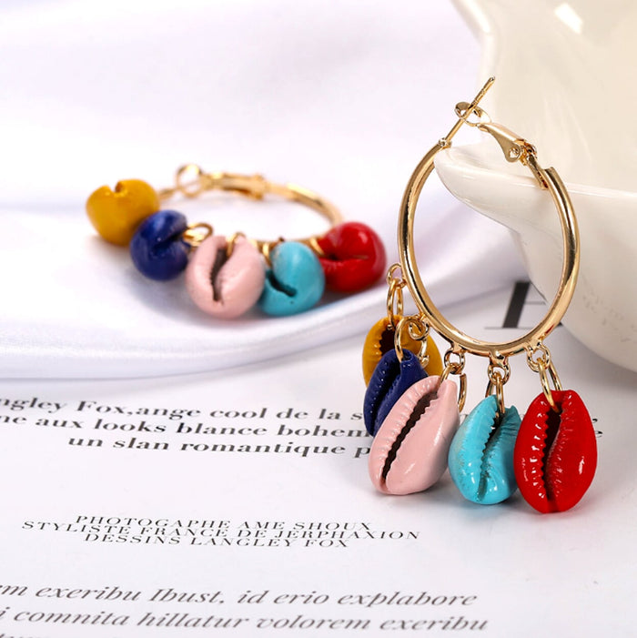 Vibrant Shell Circle Earrings: gold, yellow cowrie shell theme, colorful bohemian beach-inspired style
