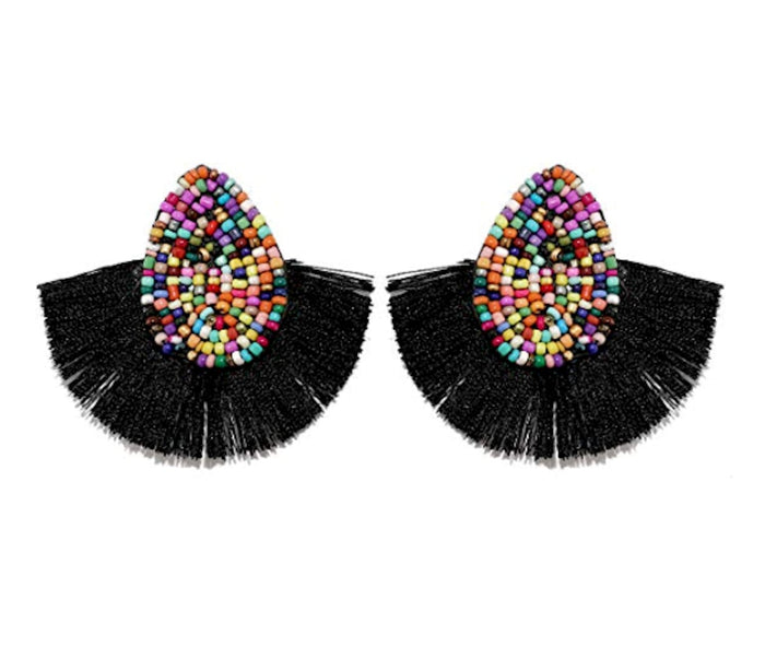 Vibrant Tasseled Waterdrop Earrings with Beaded Accents: orange, multicolor pair of earrings, bohemian statement style