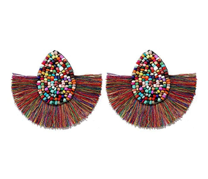 Vibrant Tasseled Waterdrop Earrings with Beaded Accents: orange, multicolor pair of earrings, bohemian statement style
