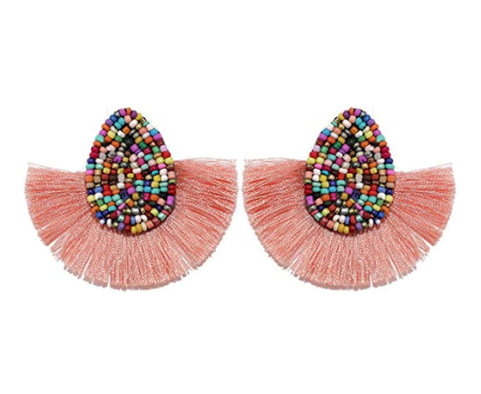 Vibrant Tasseled Waterdrop Earrings with Beaded Accents: orange, multicolor pair of earrings, bohemian statement style