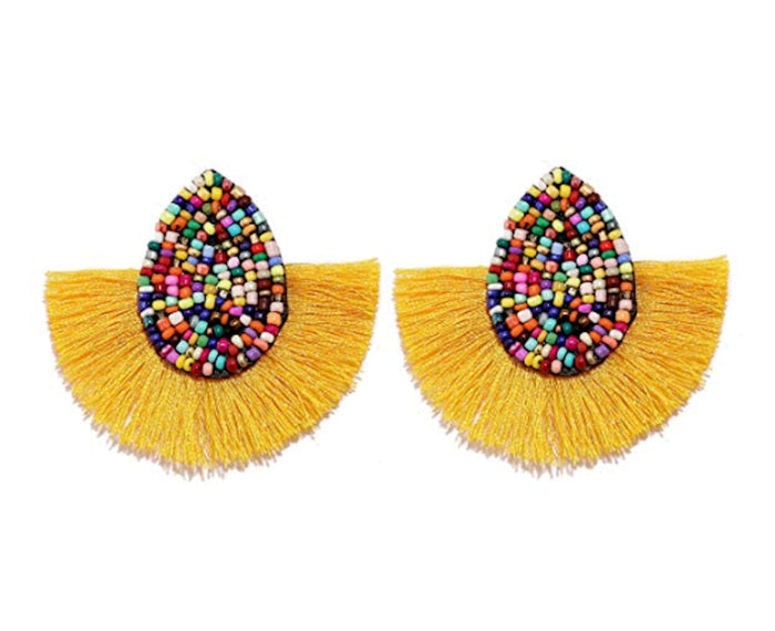 Vibrant Tasseled Waterdrop Earrings with Beaded Accents: orange, multicolor pair of earrings, bohemian statement style