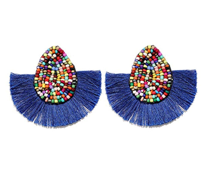 Vibrant Tasseled Waterdrop Earrings with Beaded Accents: orange, multicolor pair of earrings, bohemian statement style