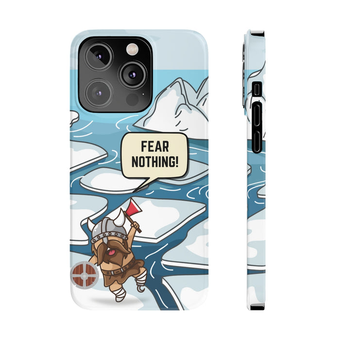 Viking Brave Super Slim Case for iPhone 14, 14 PRO, and 14 PRO MAX: light blue, white cartoon horned warrior/character in an