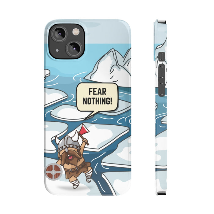 Viking Brave Super Slim Case for iPhone 14, 14 PRO, and 14 PRO MAX: light blue, white cartoon horned warrior/character in an