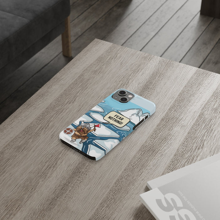 Viking Brave Super Slim Case for iPhone 14, 14 PRO, and 14 PRO MAX: light blue, white cartoon horned warrior/character in an