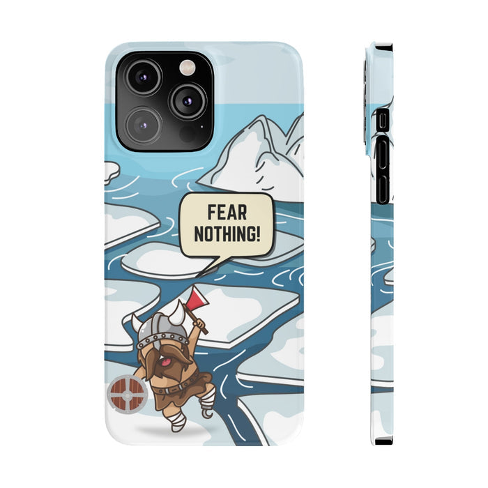 Viking Brave Super Slim Case for iPhone 14, 14 PRO, and 14 PRO MAX: light blue, white cartoon horned warrior/character in an