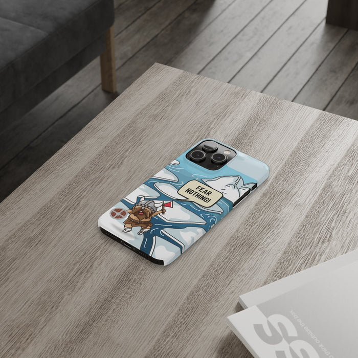 Viking Brave Super Slim Case for iPhone 14, 14 PRO, and 14 PRO MAX: light blue, white cartoon horned warrior/character in an