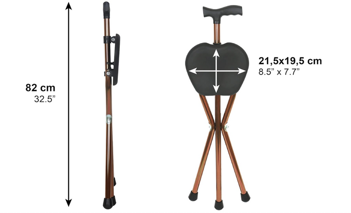 Walking Stick with Seat Foldable Aluminium Cane Chair 3 Leg Portable 32.5" Bronz