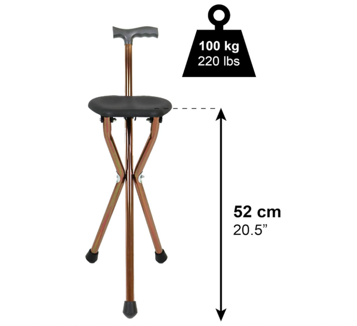Walking Stick with Seat Foldable Aluminium Cane Chair 3 Leg Portable 32.5" Bronz