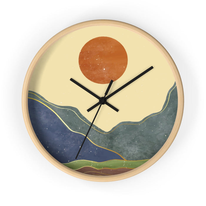 Wall Clock Inspired by the California Sunshine: light beige, tan abstract mountain landscape with sun, minimal abstract lands