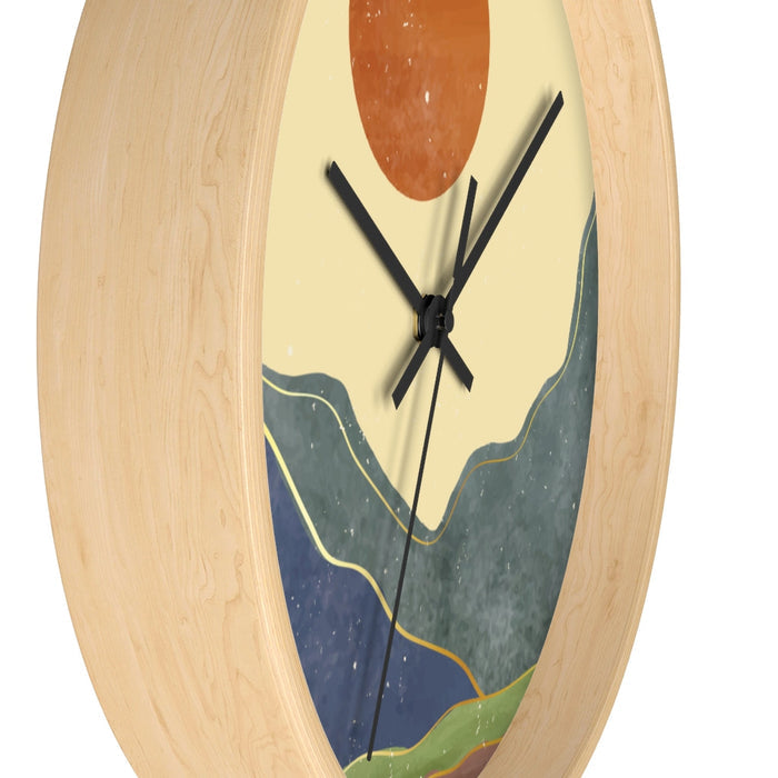Wall Clock Inspired by the California Sunshine: light beige, tan abstract mountain landscape with sun, minimal abstract lands