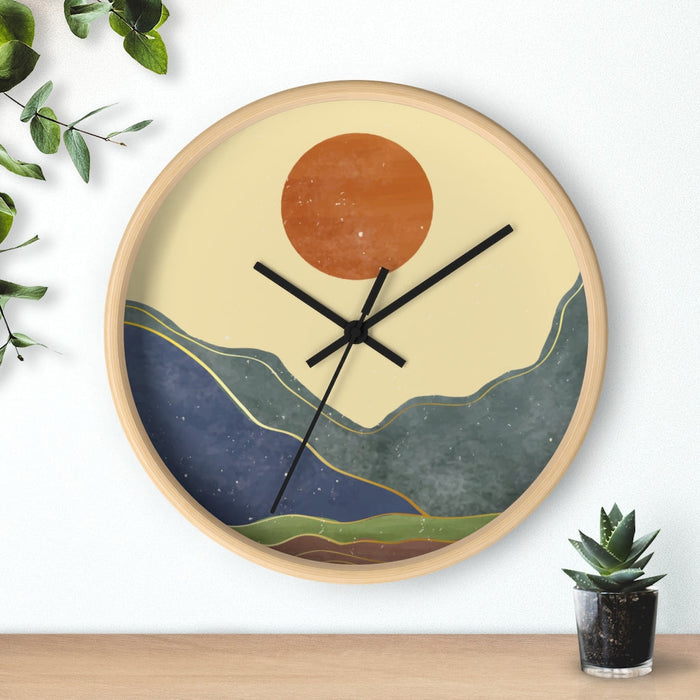 Wall Clock Inspired by the California Sunshine: light beige, tan abstract mountain landscape with sun, minimal abstract lands