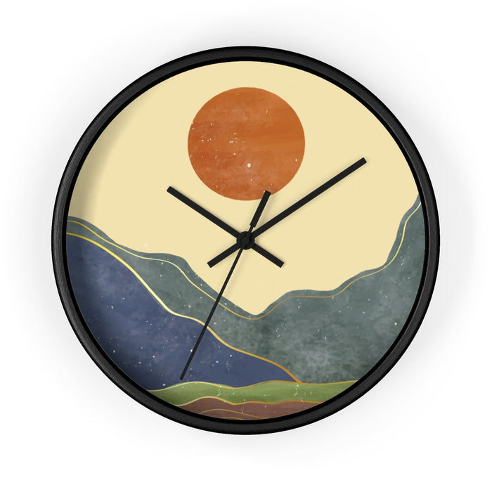 Wall Clock Inspired by the California Sunshine: light beige, tan abstract mountain landscape with sun, minimal abstract lands