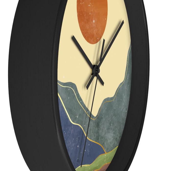 Wall Clock Inspired by the California Sunshine: light beige, tan abstract mountain landscape with sun, minimal abstract lands