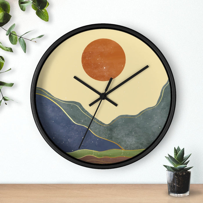 Wall Clock Inspired by the California Sunshine: light beige, tan abstract mountain landscape with sun, minimal abstract lands
