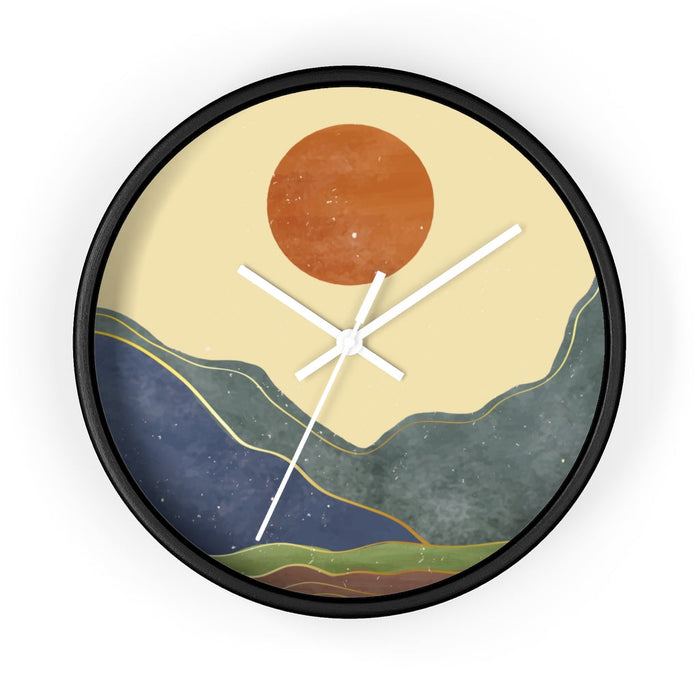 Wall Clock Inspired by the California Sunshine: light beige, tan abstract mountain landscape with sun, minimal abstract lands