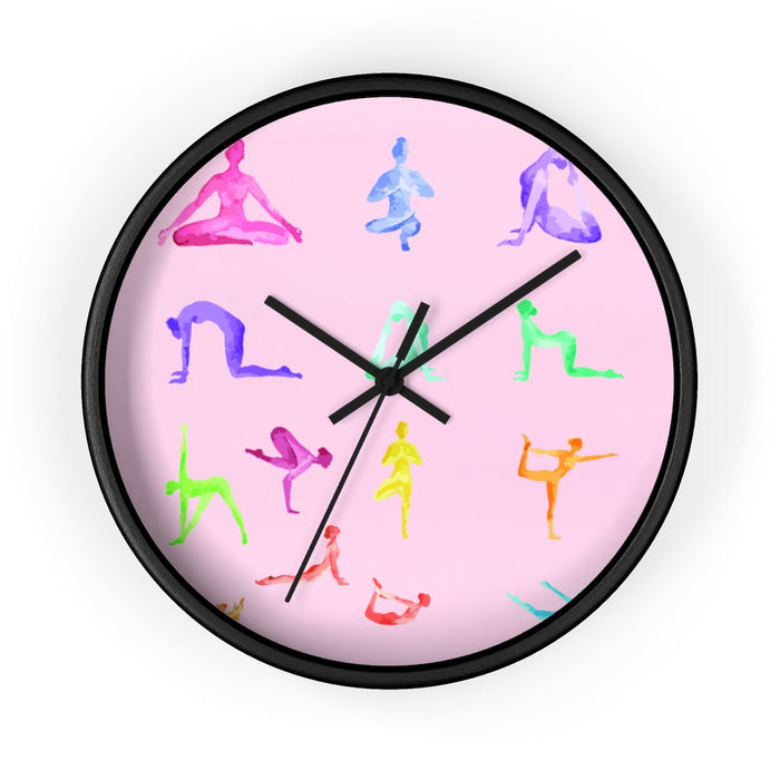 Wall Clock: Yoga Haven: pink, light wood beige yoga poses, colorful modern graphic style