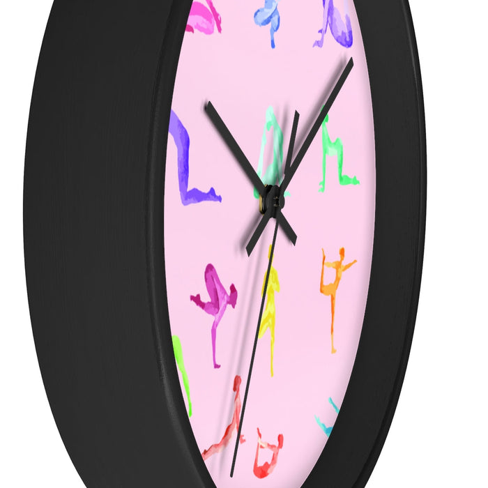 Wall Clock: Yoga Haven: pink, light wood beige yoga poses, colorful modern graphic style