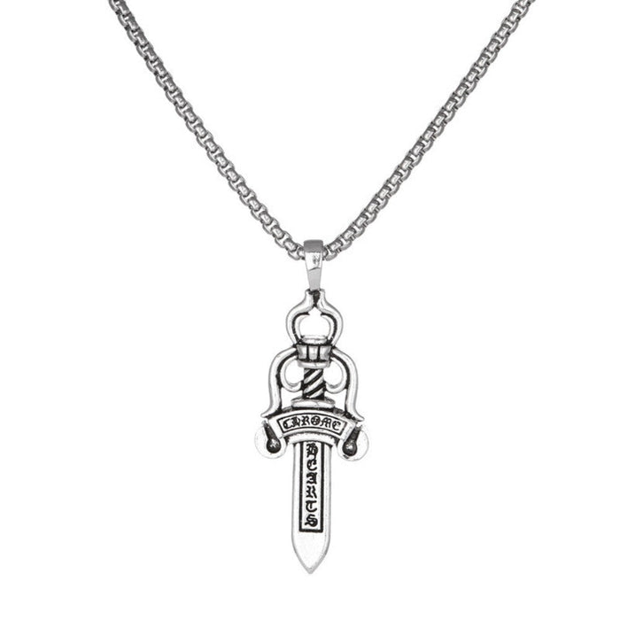 Warrior Sword Necklace for Men: silver sword/dagger motif, ornate fantasy/gothic style