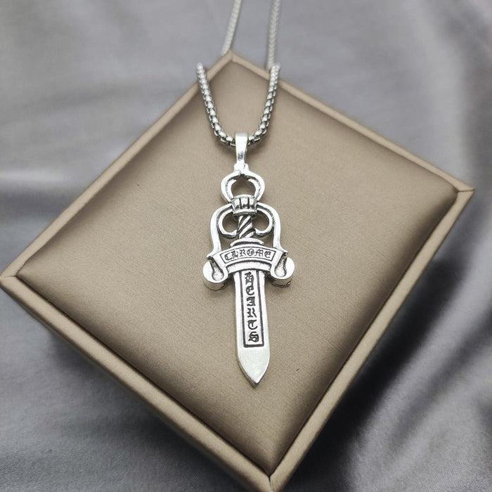 Warrior Sword Necklace for Men: silver sword/dagger motif, ornate fantasy/gothic style
