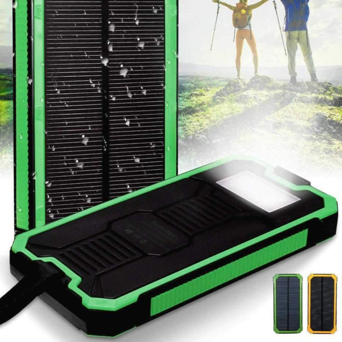 Water-Resistant Portable Power Bank with Illumination: black, green portable solar power bank, rugged outdoor style
